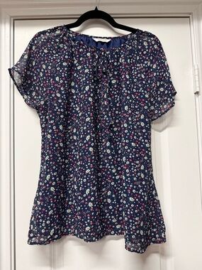 Fantaslook Floral Blouse XL Navy Sheer Tie Neck Short Sleeve Boho Tops